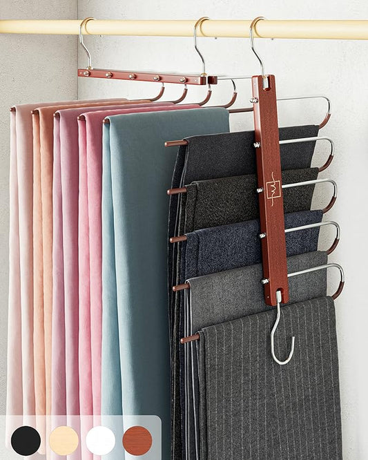 MORALVE Pants Hangers Space Saving - 4 Pack European Beechwood Scarf and Jean Hangers - Closet Organizer and Space Saver Pant Rack, Leggings Hanger, and Scarf Holder with 360° Swivel Hook