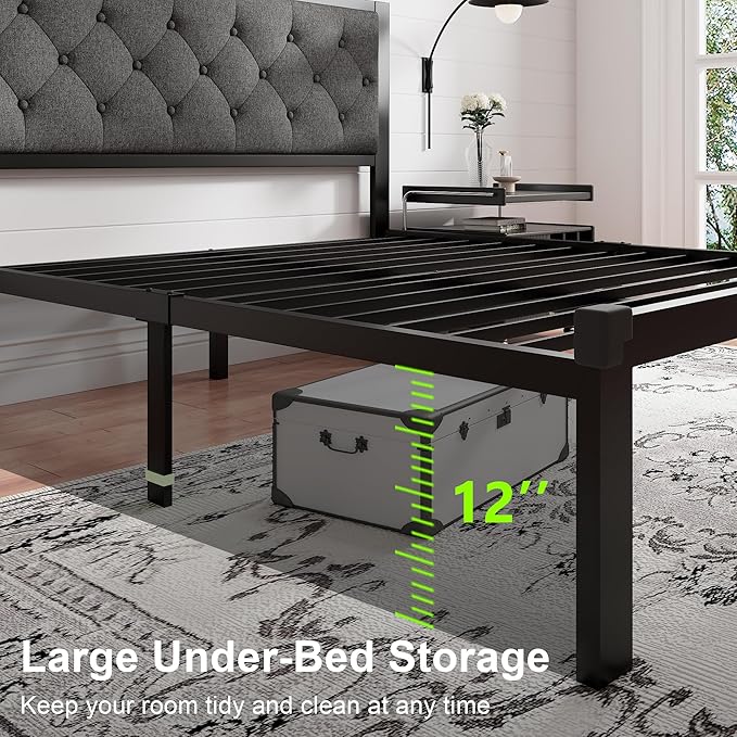 Feonase Queen Size Metal Bed Frame, Heavy-Duty Platform Bed Frame with Linen Upholstered Headboard, 12" Under-Bed Space, Steel Slats Support, No Box Spring Needed, Gray