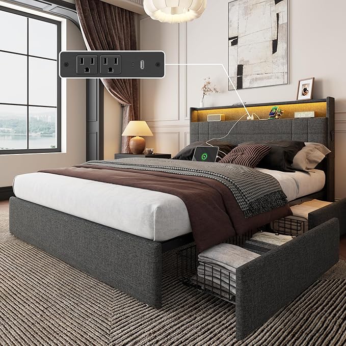 Forestell Full Size Bed Frame with 4 Drawers and Storage Headboard, Grey Upholstered Platform Bed Frame Full Size with Charging Station and LED Lights, Metal Slats Support, No Box Spring Needed