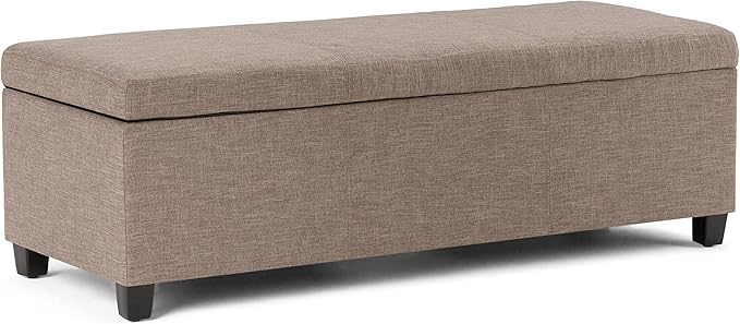 SIMPLIHOME Avalon Storage Ottoman Bench - 48" Wide x 16" High Upholstered Linen Look Fabric Rectangular Lift-Top Ottoman in Fawn Brown, Contemporary Bench for Living Room with High-Density Foam