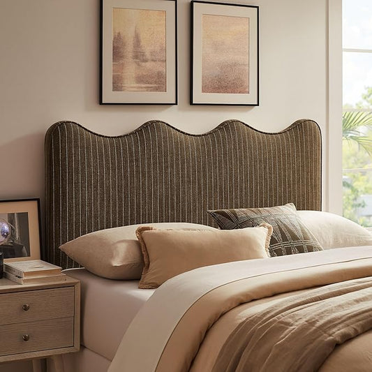 Monday Athena Striped Fabric Upholstered Full Size Adjustable Headboard in Earth Stripe - with Scalloped Wave Design and Soft Linen-Like Fabric