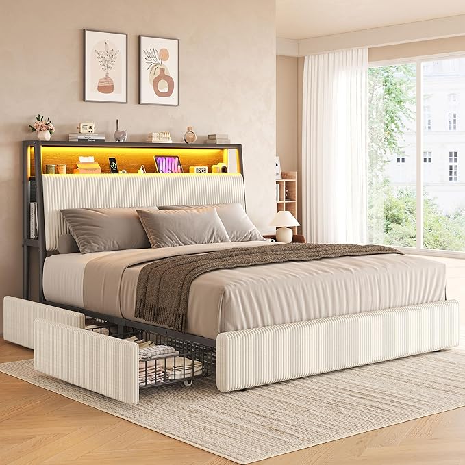 Upholstered Full LED Bed Frame with 2 Storage Drawers and Charging Station, Corduroy Platform Bed with 3-Tier Storage Bookcase Headboard, Heavy Duty Metal Support, No Box Spring Needed - Beige