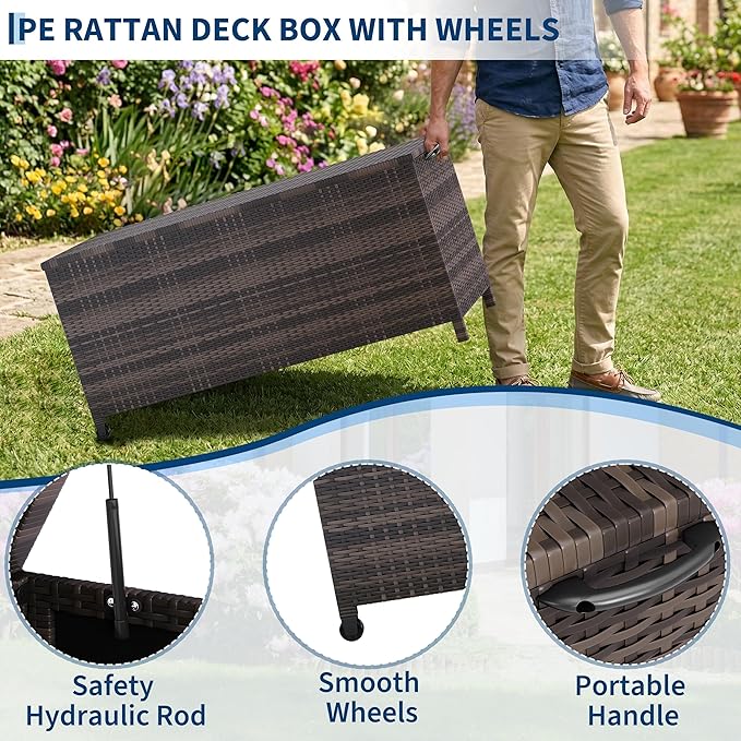 185 Gallon Outdoor Wicker Deck Box, All-Weather Waterproof Patio Storage with PE Rattan Finish & Steel Frame, for Cushions, Garden Tools, Pool Supplies, Lockable Brown Storage Box with Soft-Close Lid