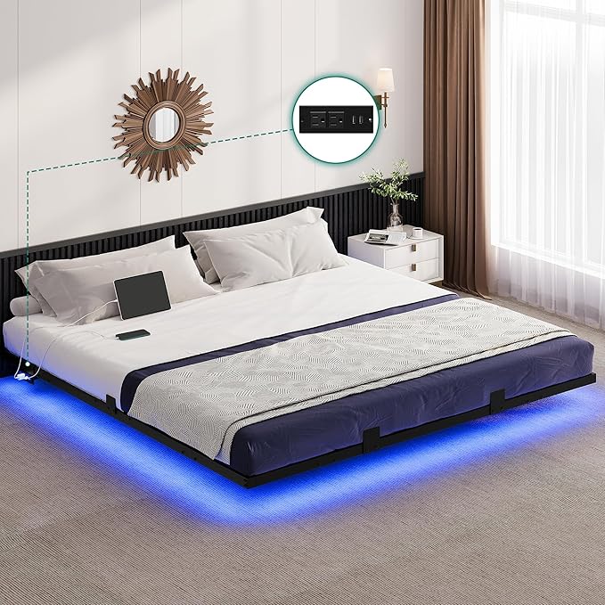 YITAHOME Floating Bed Frame King Size,Floating Bed with LED Lights & Charging Station, Metal Platform Bed Frame with Heavy Duty Steel Slats, No Box Spring Needed, Black