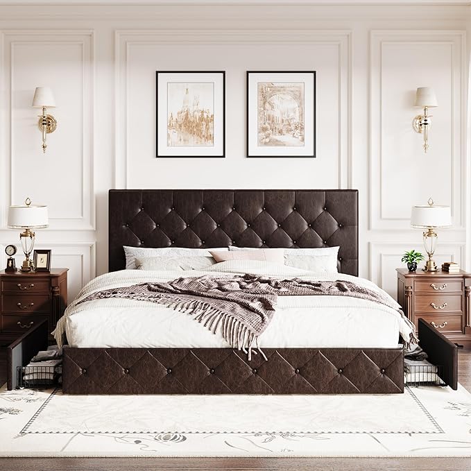 SHA CERLIN Upholstered King Size Platform Bed Frame with 4 Storage Drawers, Adjustable Headboard with Diamond Stitched Button Tufted Design, Wooden Slat Support, No Box Spring Needed, Black Brown