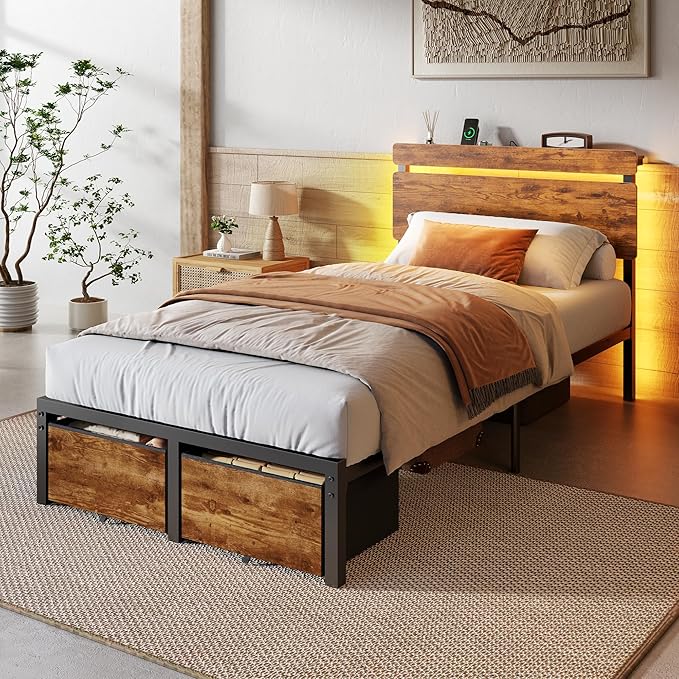 Forestell Twin Bed Frames with Wood Headboard, Metal Platform Bed with 2 Storage Drawers & Shelf, Built in Charging Station & LED Lights, No Box Spring Needed, Vintage Brown, Camas Twin Size