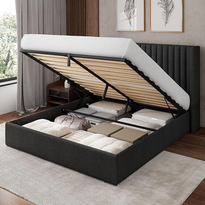 Feonase Queen Size Lift Up Storage Bed Frame, Linen Upholstered Platform Bed with Wingback Headboard, Hydraulic Storage, No Box Spring Needed, Dark Gray