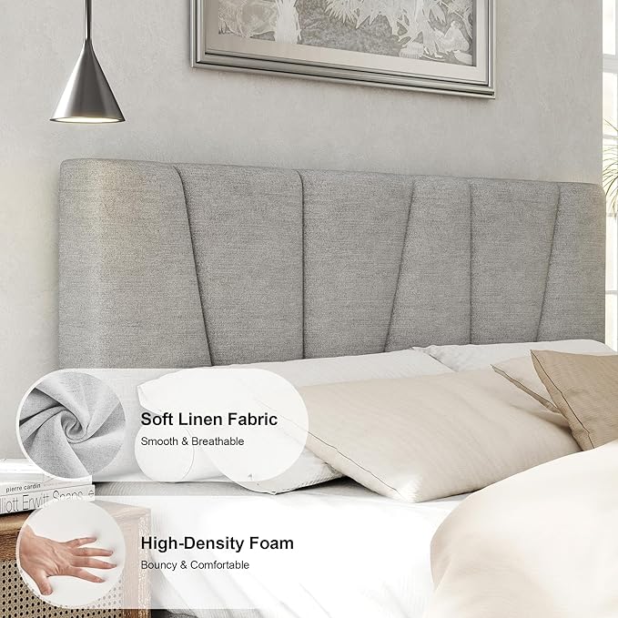 HAOARA Full Size Bed Frame with Fabric Upholstered Headboard, Platform Bed with Wooden Slats Support, Fully Mattress Foundation, Box Spring Optional, Easy Assembly, Light Grey