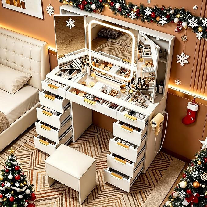 Pamapic 11 Drawers Vanity Desk with Foldable Mirror, Glass Top Makeup Vanity with LED Lights, 3 Lighting Modes, Golden Handles Dressing Table with Chair and Power Outlet