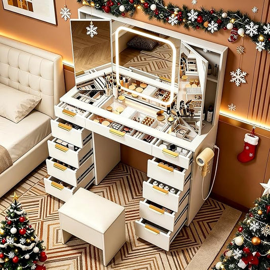 Pamapic 11 Drawers Vanity Desk with Foldable Mirror, Glass Top Makeup Vanity with LED Lights, 3 Lighting Modes, Golden Handles Dressing Table with Chair and Power Outlet