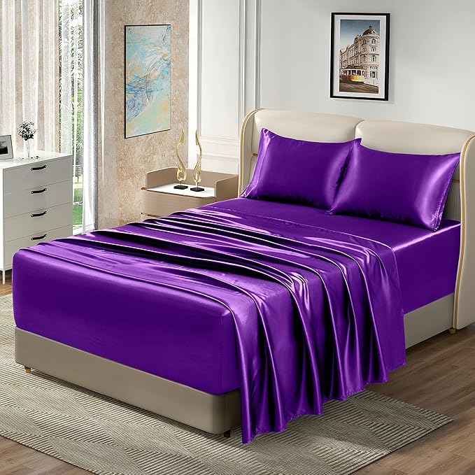 Homiest 4pcs Extra Deep Pocket Satin Sheets Full Size Bed Set, 18-24 Inch Deep Pocket Bed Sheets Purple Satin Sheet Set, Silky Satin Bedding Set Luxury Fitted Sheet Set Fits Ultra Deep Mattress