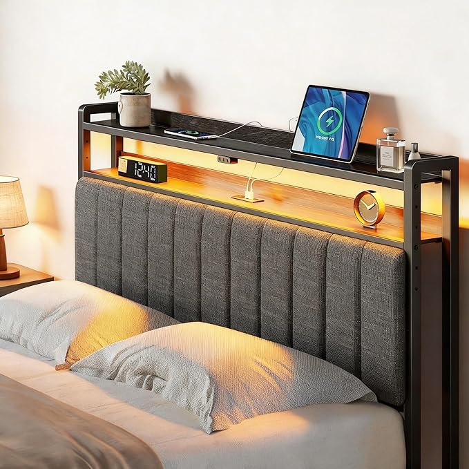 Rolanstar Headboard for Full Size Bed with Storage, Head Board with USB & Type C Port, 60,000 DIY Color of LED Light, Upholstered, Height Adjustable, Sturdy, Easy Assembly, Linen