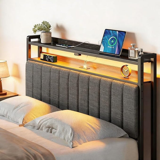 Rolanstar Headboard for Full Size Bed with Storage, Head Board with USB & Type C Port, 60,000 DIY Color of LED Light, Upholstered, Height Adjustable, Sturdy, Easy Assembly, Linen