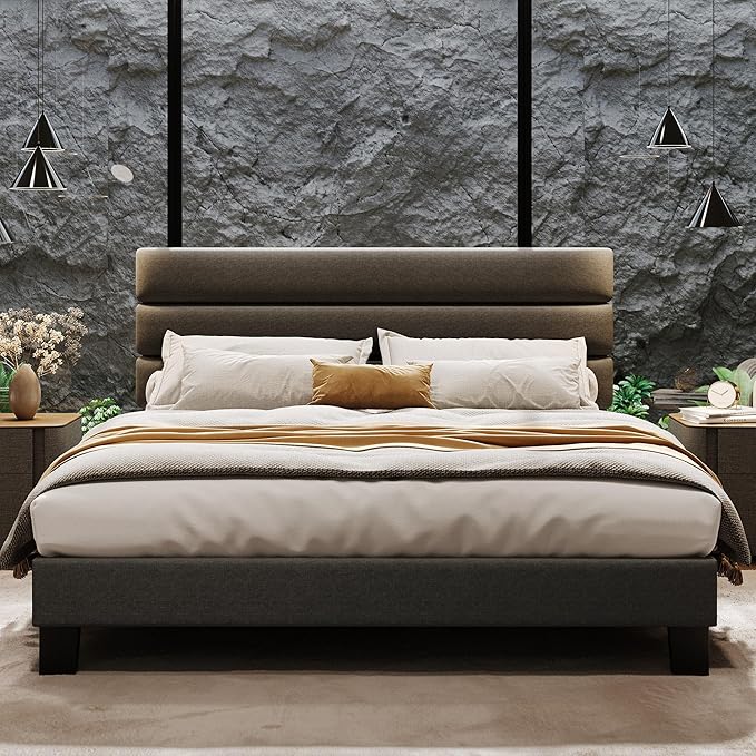 IDEALHOUSE King Bed Frame with Adjustable Headboard, Fabric Upholstered and Wooden Slats Support, Heavy Duty Mattress Foundation, Platform Bed No Box Spring Needed, Easy Assembly, Grey
