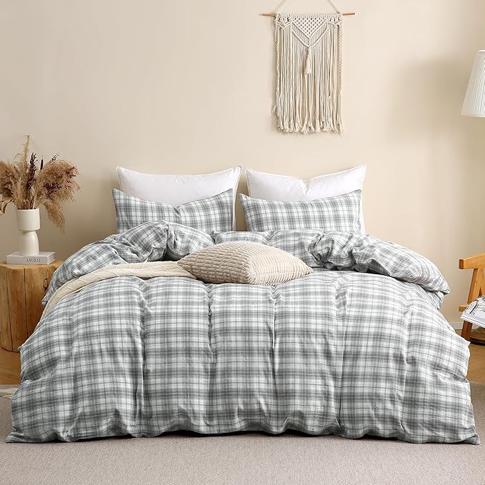 TOCOMOA Plaid Duvet Cover Set 100% Washed Cotton Like Linen Feel Super Soft Comfy 3 Piece Grey and Green Gingham Checkered Bedding Comforter Cover Set (King 104"x90", Comforter Not Included)