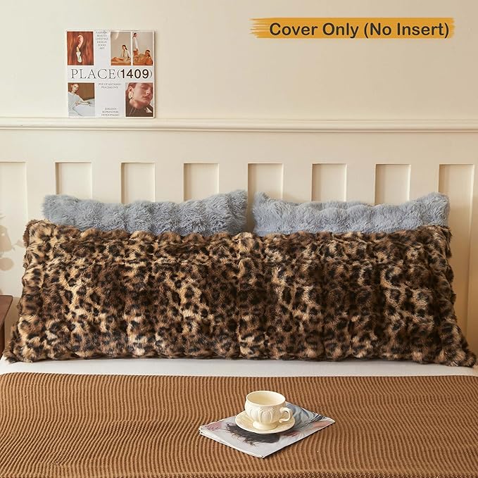 LIFEREVO Leopard Print Faux Rabbit Fur Body Pillow Cover, Cheetah Print Bubble 20 x 54 Bed Pillowcase with Zipper, Fuzzy Furry Farmhouse Long Pillow Case Pregnant Women Side Sleeper, Brown and Black
