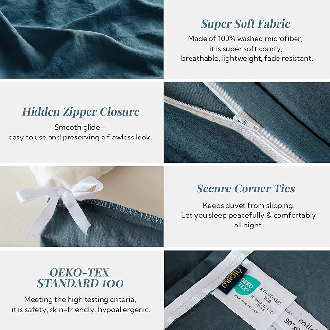 MILDLY Super Soft Duvet Cover - 100% Washed Microfiber Peacock Blue Comforter Cover Set 3 Pieces with Zipper Closure & Corner Ties (No Comforter)