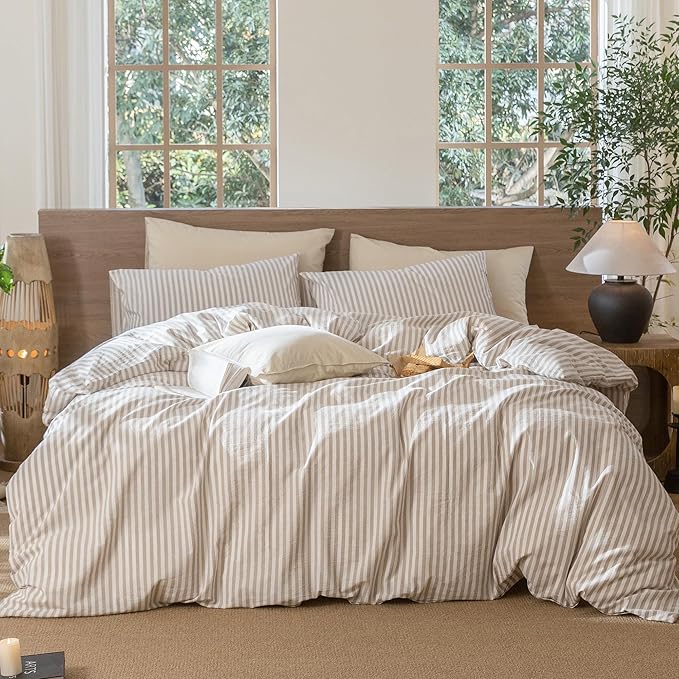 MooMee Striped Duvet Cover Set 100% Washed Cotton Linen Like Textured Breathable Durable Soft Comfy (Tannish Linen Grey White Classic Stripes, Cal King 104"x98")