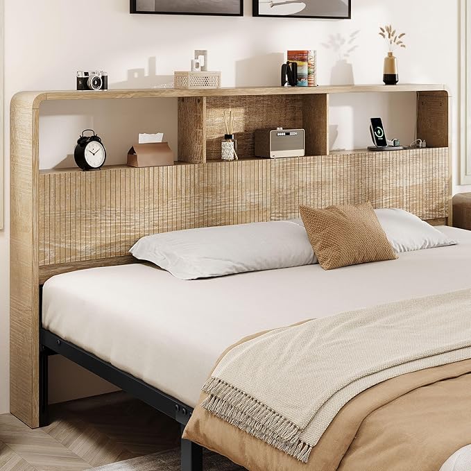 King Headboard Only, 78.7" Wide Wooden Headboard King Size with Storage, Modern Farmhouse Head Board with Outlets & USB Ports, Wall Mounted Headboards with Color-Changing LED, Natural