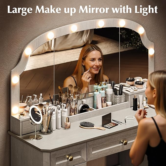Farmhouse Makeup Vanity Desk with Mirror and Lights, 47'' Vanity Table with 8 Storage Drawers 1 Cabinet & 2 Organizer Trays, Big Dressing Table with Charging for Bedroom Classic White