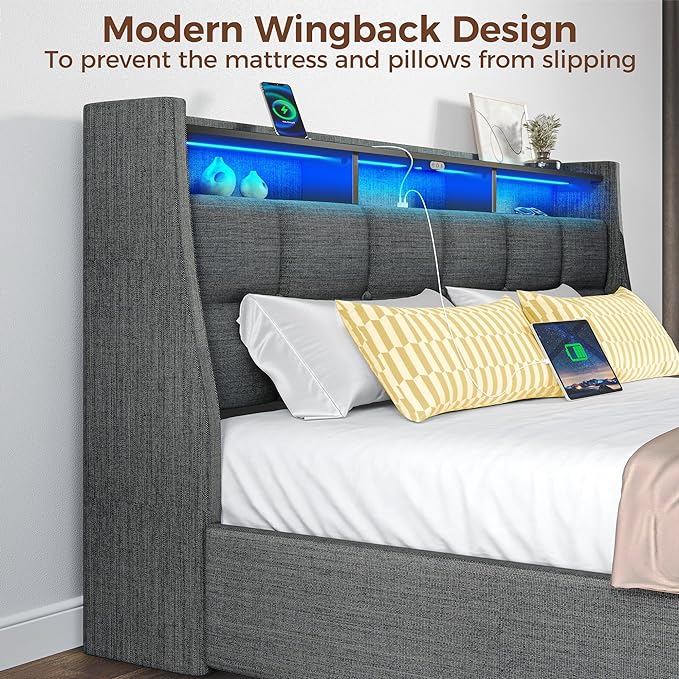 Rolanstar Queen Size Bed Frame with LED Lights and Charging Station, Upholstered Bed Storage Headboard & Drawers, Heavy Duty Wood Slats, Easy Assembly