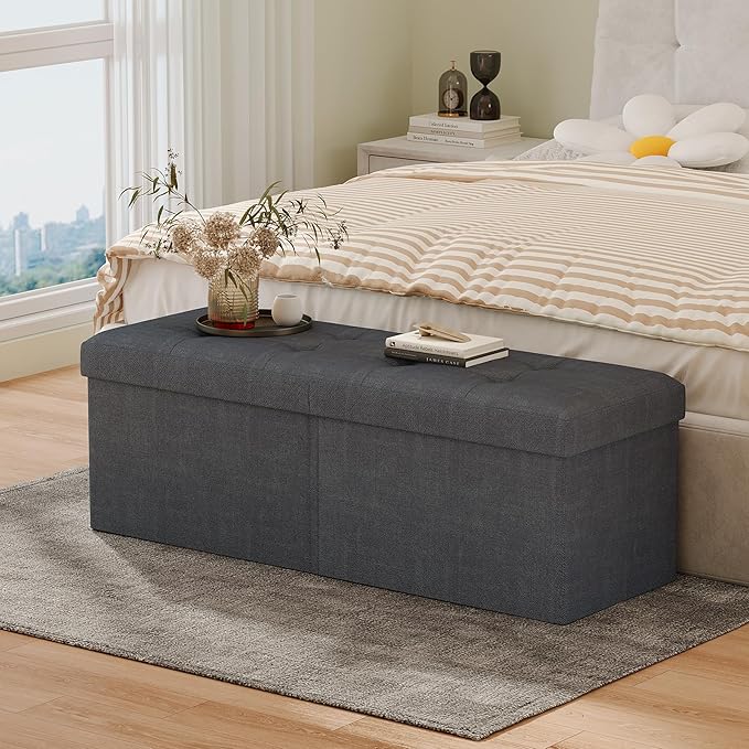 JIUYOTREE 31.5 Inches Ottoman with Storage Bench, Foldable Footstool, Ottoman Foot Rest, End of Bed Bench, Multi-Functional Seat, Storage Chest for Living Room, Bedroom, Entryway (Dark Gray)