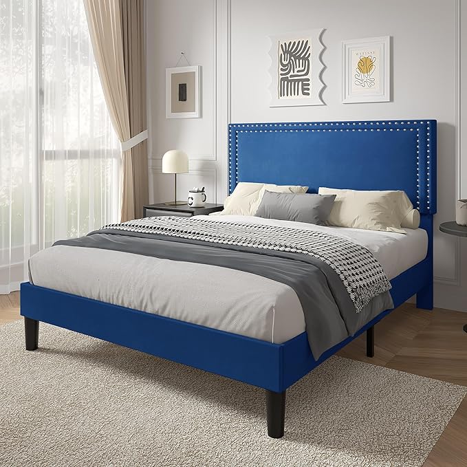 VECELO Queen Size Platform Bed Frame with Height Adjustable Upholstered Headboard, Modern Mattress Foundation,Strong Wood Slat Support, No Box Spring Needed, Easy Assembly,Dark Blue