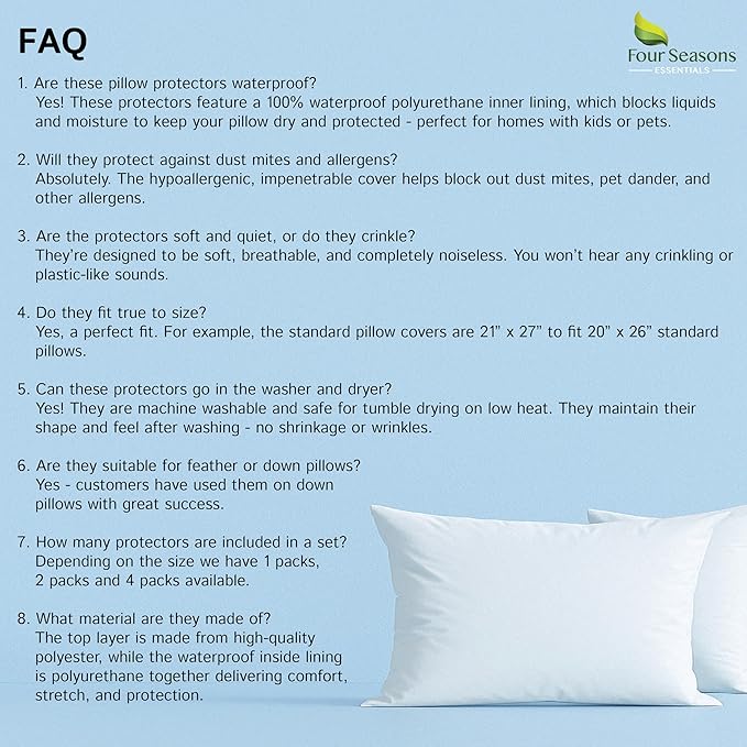 Four Seasons Essentials Waterproof King Pillow Protectors (Set of 2) – Zippered Pillow Cover Hypoallergenic Dust Allergy Proof Encasement