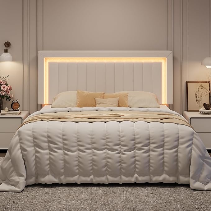 SHA CERLIN King Size Velvet Bed Frame with LED Light, Adjustable Vertical Channel Tufted Headboard, Strong Wooden Slats Support, Noise-Free, No Box Spring Needed, White