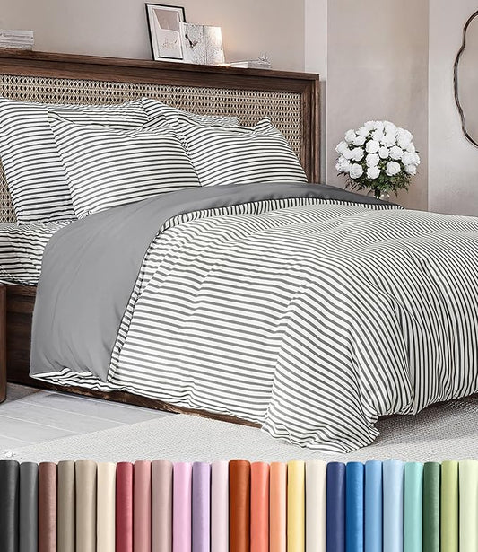 Duvet Cover Cal King Size Set - Extra Soft Cal King Duvet Cover 104" x 98" with 2 Pillow Shams - Hotel Luxury, Easy Care & Fade Free w/ Zipper Closures & Ties - Comfy, Cozy & Breathable (Grey Stripes)