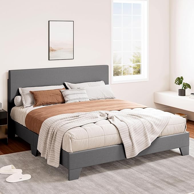 SHA CERLIN Queen Size Platform Bed Frame with Clean Line Fabric & Adjustable Headboard, Wood Slats Support, No Box Spring Needed, Easy Assembly, Light Grey