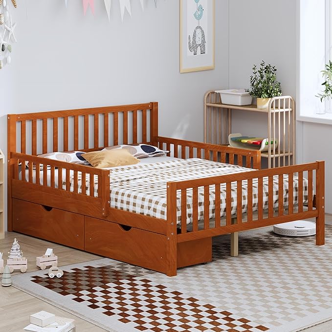 Bellemave Full Bed Frames with Storage Drawers for Kids, Full Bed with Rails, Full beds Frame for Boys/Girls/Adults, Walnut