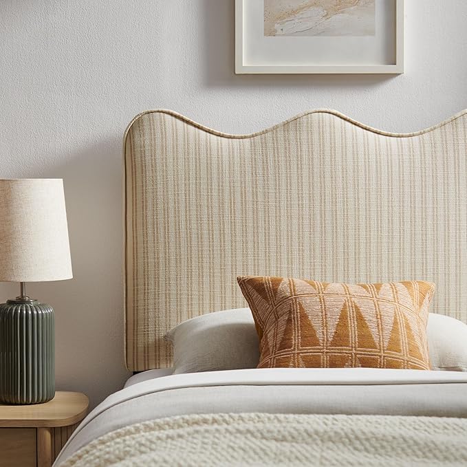 Monday Athena Striped Fabric Upholstered Twin Size Adjustable Headboard in Oatmeal Stripe - with Scalloped Wave Design and Soft Linen-Like Fabric