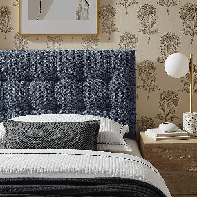Modway Lily Twin Size Headboard with Biscuit Tufting in Navy - Fabric Upholstery with Padded Design and 5 Height-Adjustable Mounts