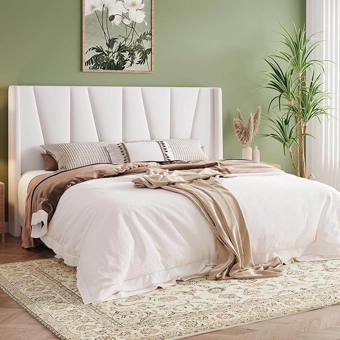 Allewie King Size Platform Velvet Bed Frame with Geometric Wingback Headboard, Boho Upholstered Bed with Wooden Slats Support, No Box Spring Needed, Easy Assembly, White