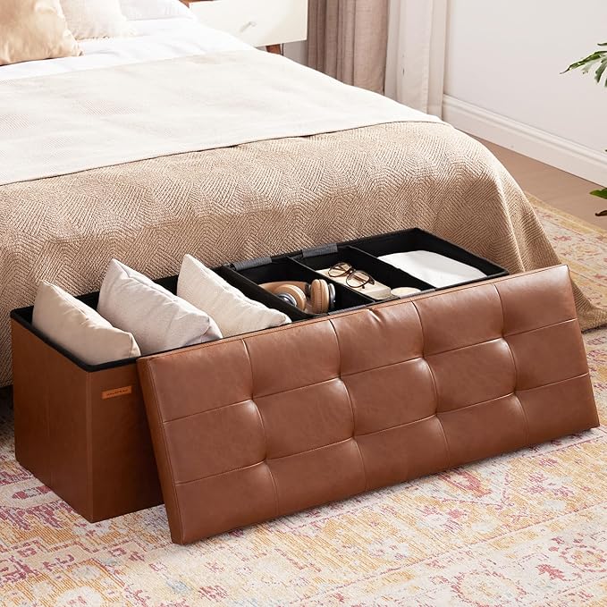 HAUSFRAU Storage Ottoman Bench with Flipping Lid, 43.3 Inches Storage Chest Footsrest, Folding Foot Stool for Entryway, Living Room, Bedroom, Synthetic Leather Retro Brown