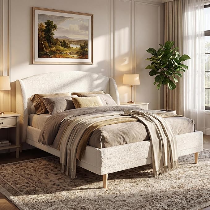 Queen Size Bouclé Upholstered Platform Bed Frame with Wingback Headboard, Rounded Corners, Modern Fabric Bed with Wood Slats Support, No Box Spring Needed, White
