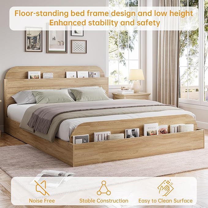 GarveeHome Queen Size Bed Frame, Wooden Beds with Storage Headboard and Raised-Foodboard, Queen-Floor Low Platform Bed for Bedroom, Sturdy Wooden Slats Support, No Box Spring Needed, Natural