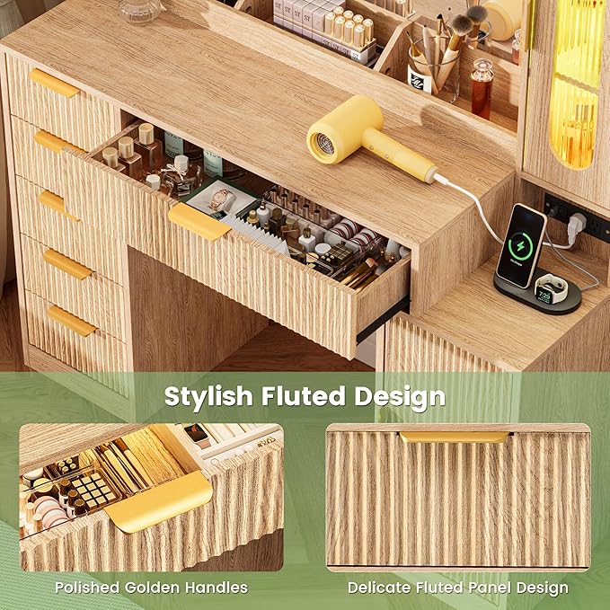 Fluted Makeup Vanity Desk with Large 31.4" Mirror and Sound Sync RGB Lights, Wood Vanity with 6 Drawers, 2 Cabinet & 3 Compartments, Charging Station, Bedroom Dressing Table, Natural Oak