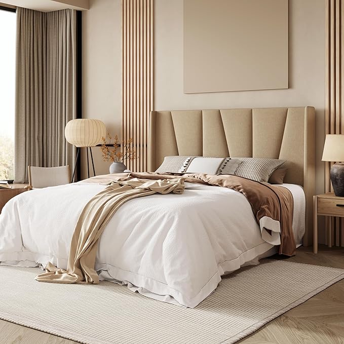 Allewie Queen Size Platform Bed Frame with Geometric Wingback Headboard, Boho Upholstered Bed with Wooden Slats Support, No Box Spring Needed, Easy Assembly, Beige