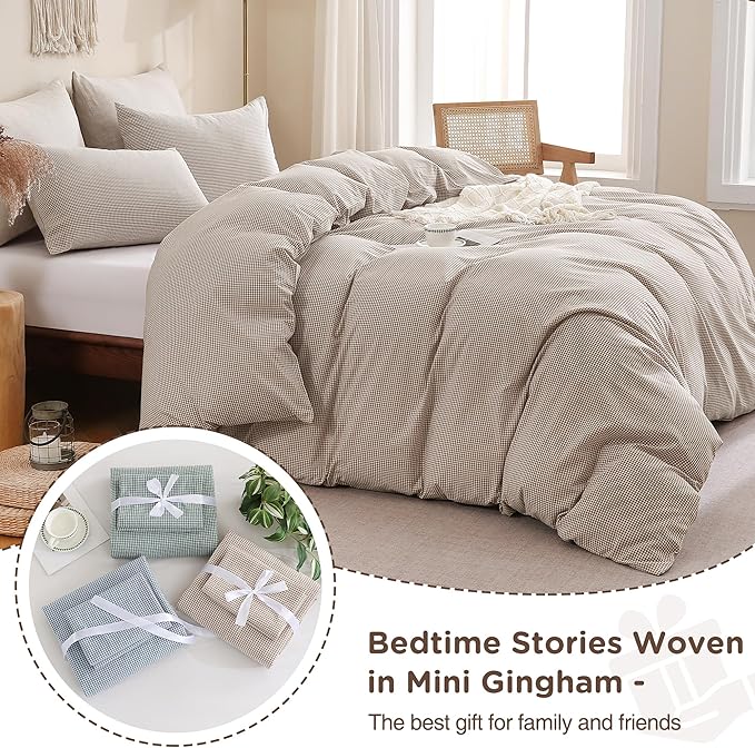 TOCOMOA Mini Gingham Tan Duvet Cover Bedding Set 100% Washed Cotton Like Linen Feel Super Soft Comfy 2 Piece Brown Small Plaid Checkered Fall Comforter Cover Set (Twin 68"x90", Comforter Not Included)