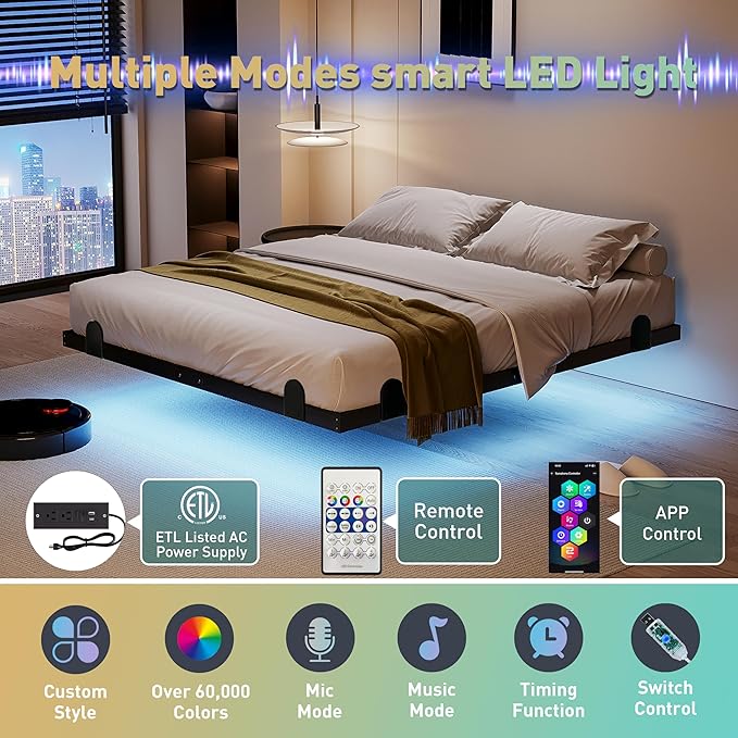 qimamo 10 Inch Floating King Bed Frame with Smart LED Lights and Charging Station, Modern Metal King Bed Frame, Easy to Assemble, No Box Spring Needed