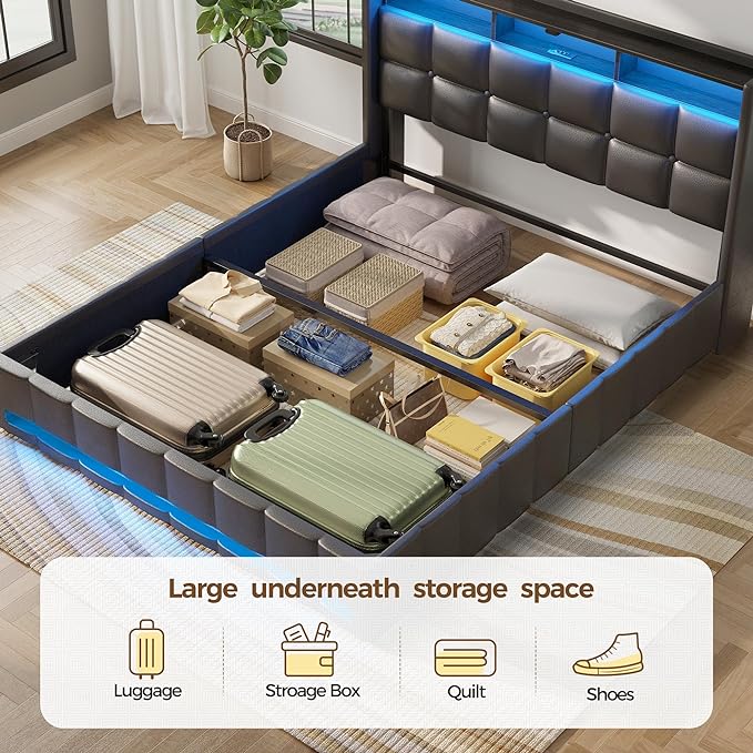 Rolanstar Bed Frame Full Size with Lift Up Storage, Charging Station & LED Lights, Upholstered Storage Headboard, Heavy Duty Wooden Slats, No Box Spring Needed, Noise Free, Easy Assembly, Black