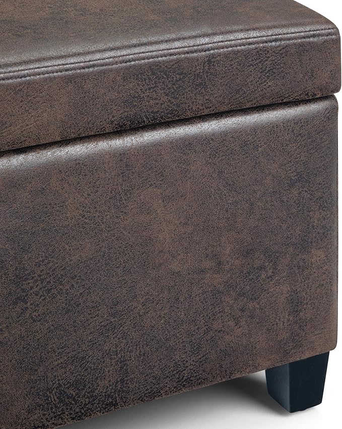 SIMPLIHOME Avalon Storage Ottoman Bench - 48" Wide x 16" High Upholstered Vegan Leather Rectangular Lift-Top Ottoman in Distressed Brown, Contemporary Bench for Living Room with High-Density Foam