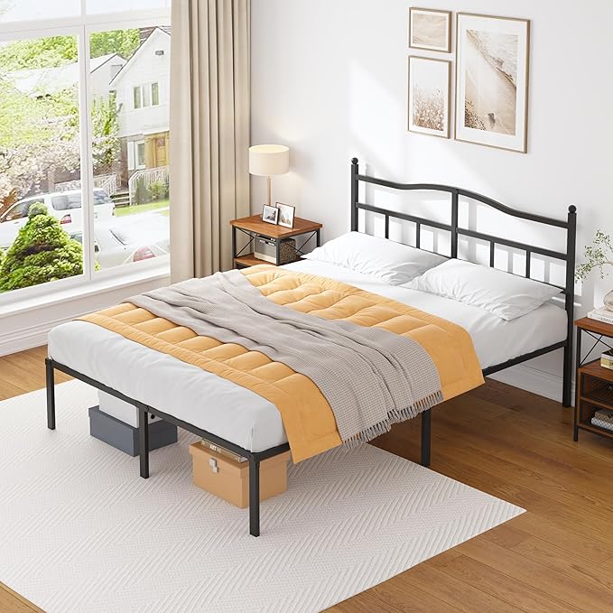 OSASET Queen Bed Frame with Headboard - 14 Inch Queen Bed Frame Metal Bed Frame Queen Size No Box Spring Noise Free Easy Assembly