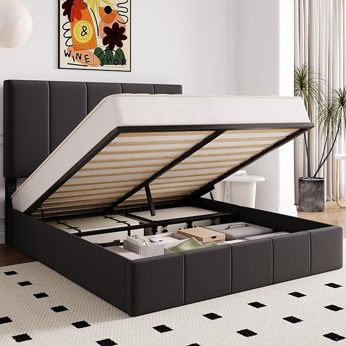 Allewie Queen Size Velvet Lift Up Storage Bed Frame, Vertical Channel Tufted Headboard, Hydrualic Underneath Storage, Upholstered Platform Bed, Wooden Slats Support, No Box Spring Needed, Black