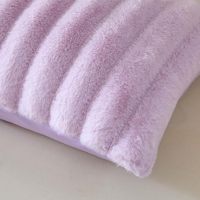 MEGO Fluffy Faux Rabbit Fur Body Pillow Cover, Comfy Plush Fuzzy Striped 20x54 Bedoom Body Pillowcase Light Purple, Shaggy Ribbed Long Bed Pillow Case with Zipper for Kids Girls Teens Adults, Lavender