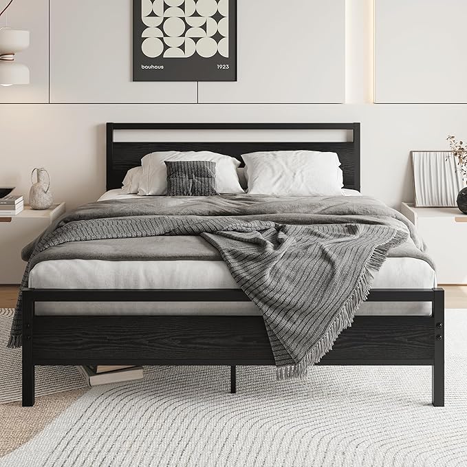 HOJINLINERO Queen Bed Frame with Wood Headboard,Metal Platform Bed Frame Queen Size with Storage No Box Spring Needed,Heavy Duty Queen Size Bed Frame Metal Slats Support Mattress Base No Noise,Black