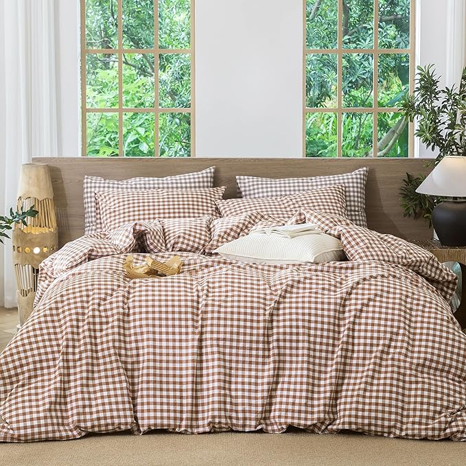 MooMee Gingham Duvet Cover Set 100% Washed Cotton Linen Like Textured Breathable Durable Soft Comfy Modern Checkered Design (Dark Orange Gingham, Super Queen 90"x98")