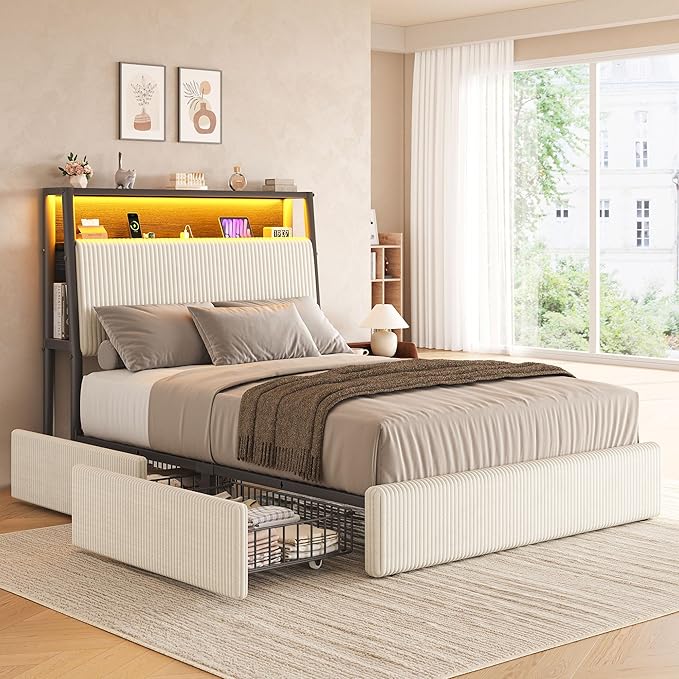 Upholstered Twin Corduroy Bed Frame with 2 Storage Drawers and Charging Station, LED Platform Bed with 3-Tier Storage Bookcase Headboard, Heavy Duty Metal Support, No Box Spring Needed - Beige